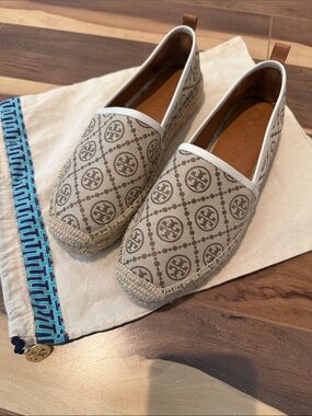 Tory Burch Beige Canvas Logo Espadrille Slip-Ons